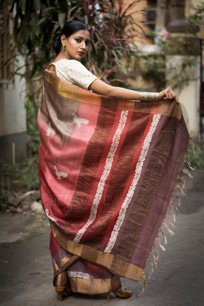 Shaded Tussar Silk Saree With Block Print  & Zari Border