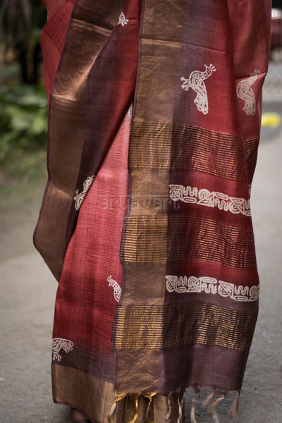 Shaded Tussar Silk Saree With Block Print  & Zari Border