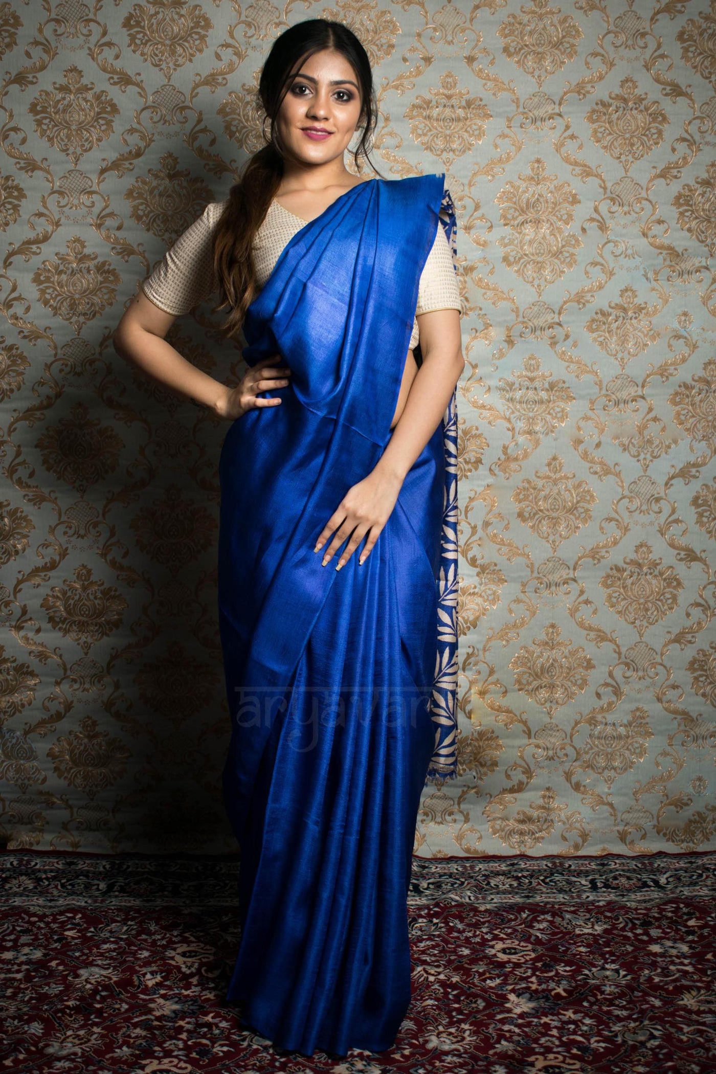 Royal Blue Tussar Silk Saree With Leaf Design Pallu