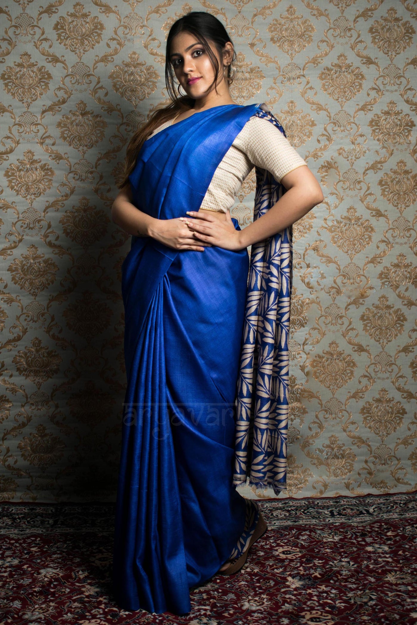 Royal Blue Tussar Silk Saree With Leaf Design Pallu