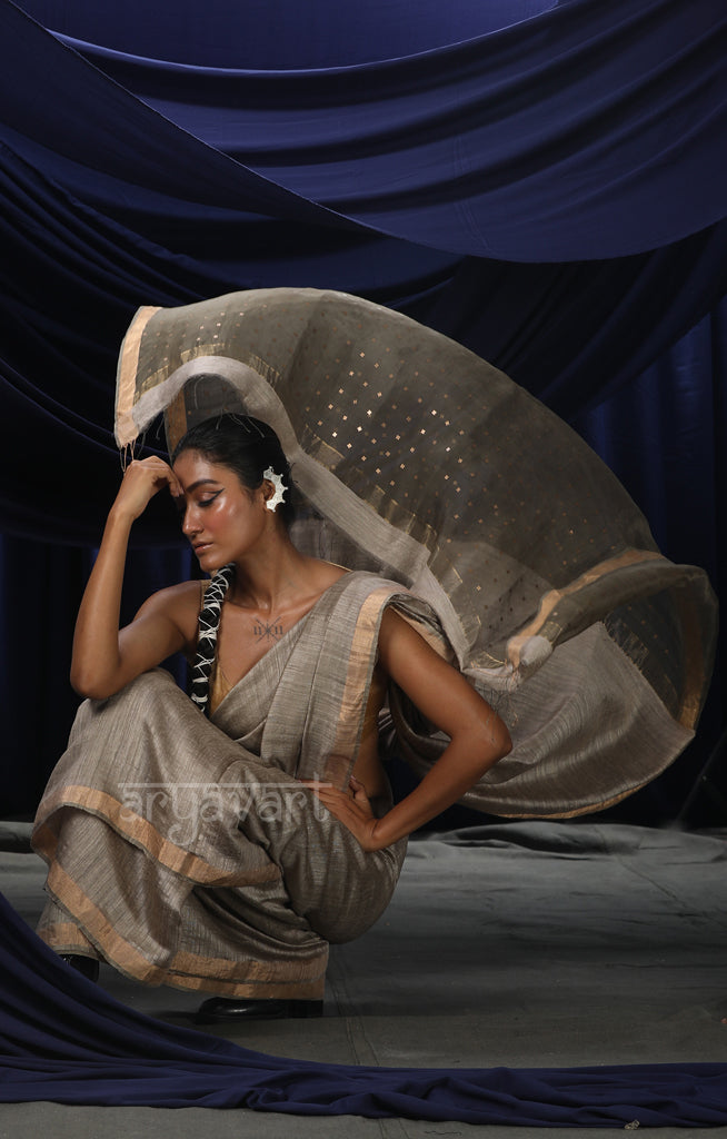 Siver Grey Matka Silk Saree With Woven In Sequence In Pallu