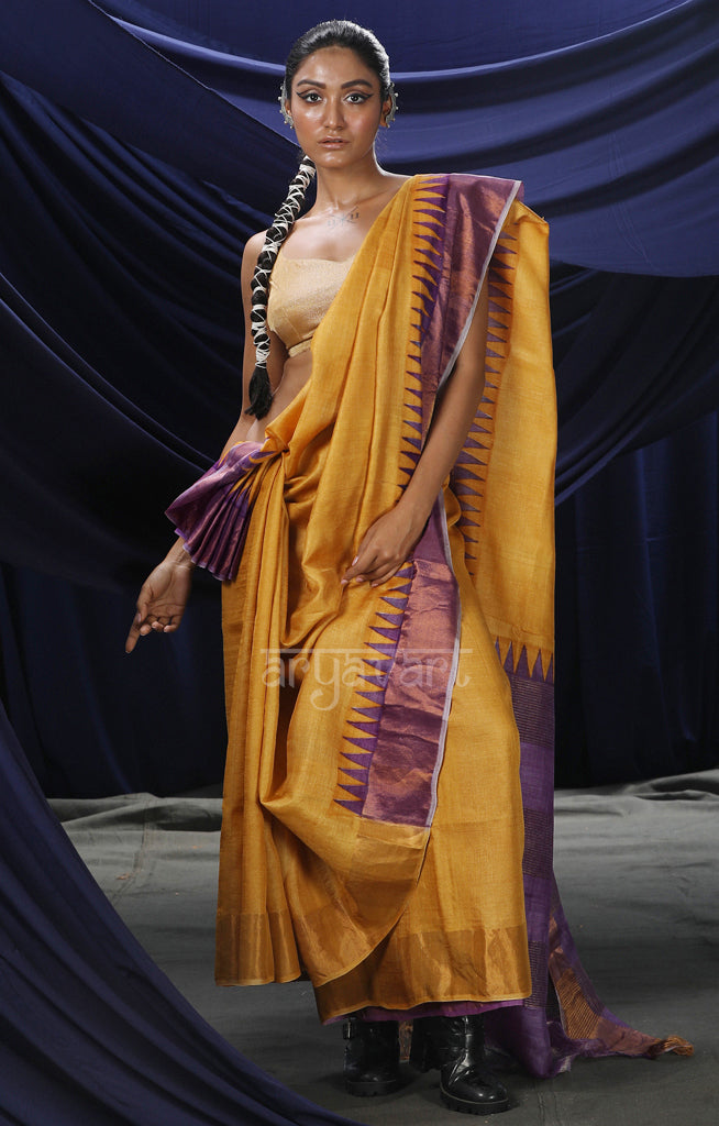 Mustard Yellow Tussar Silk Saree With Purple Border and Pallu
