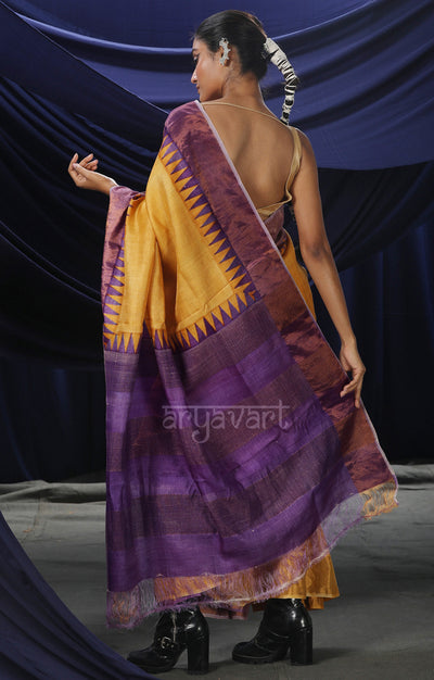 Mustard Yellow Tussar Silk Saree With Purple Border and Pallu