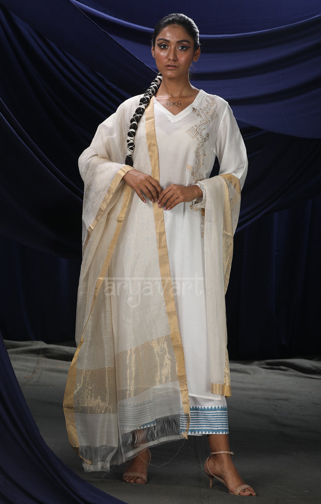 White Chanderi Silk Cotton Dupatta with Self Stripes