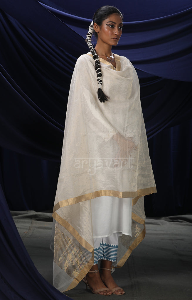 White Chanderi Silk Cotton Dupatta with Self Stripes