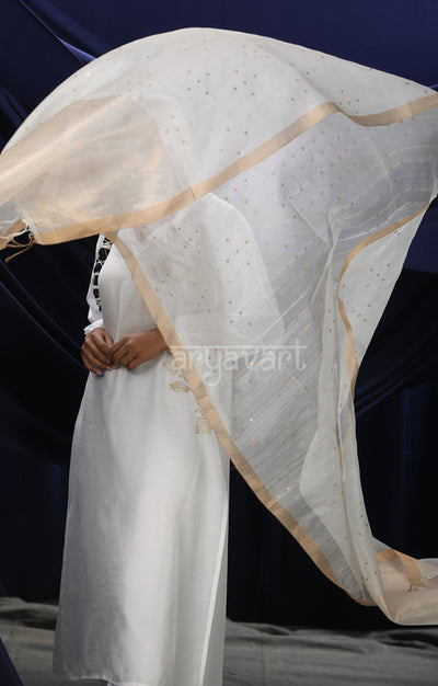 White Silk Dupatta With Stunning Woven in Sequence