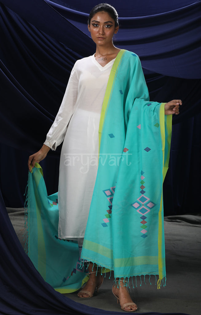 Turquoise Blue Dupatta with Geometric Jamdani design