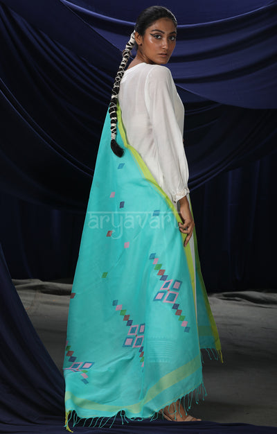 Turquoise Blue Dupatta with Geometric Jamdani design