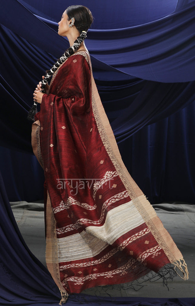 Maroon Matka Silk Saree With Jamdani Woven Design