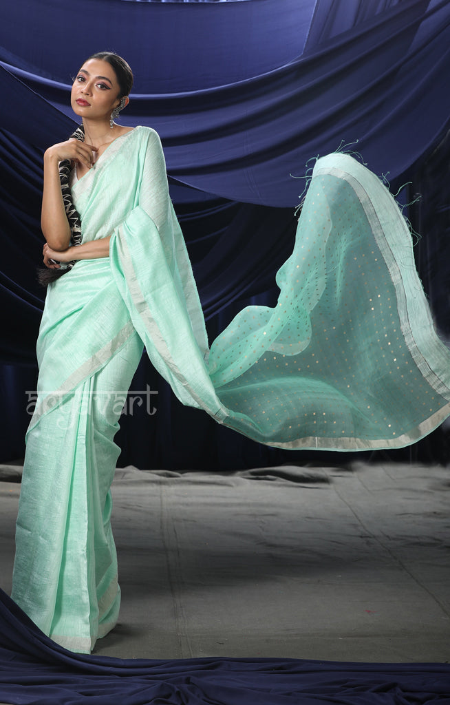 Aquamarine blue Matka Silk Saree With Woven In Sequence In Pallu