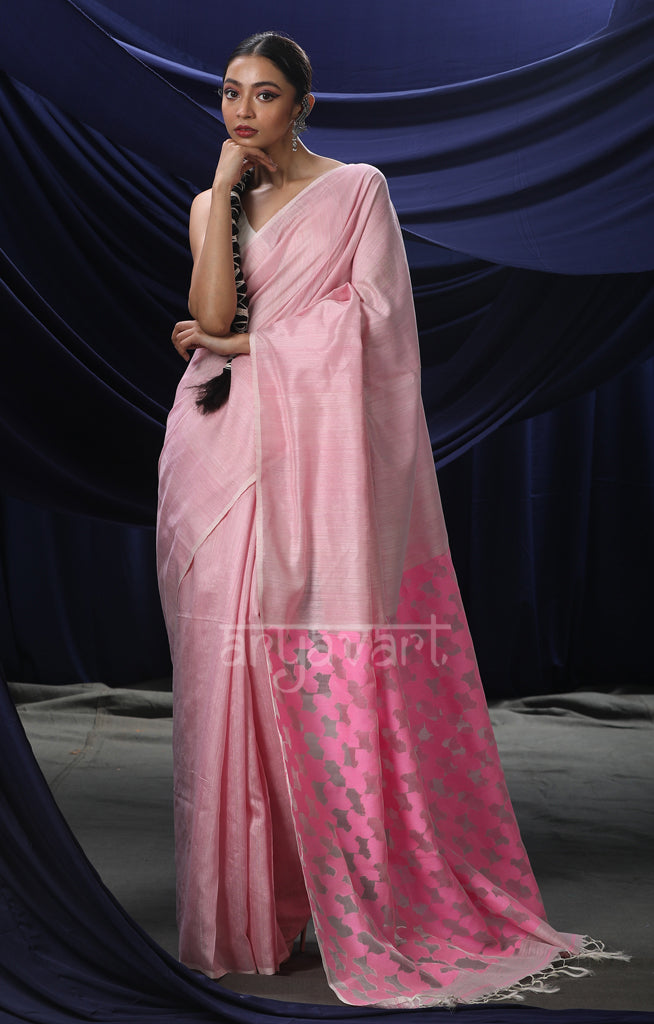 Blush Pink Matka Silk Saree with Striking Jamdani Design on Pallu