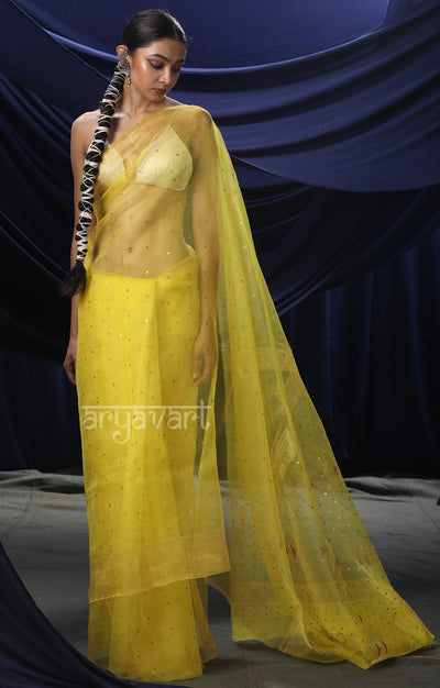 Stunning Yellow Silk Saree With Woven In Sequence & Jamdani Motifs