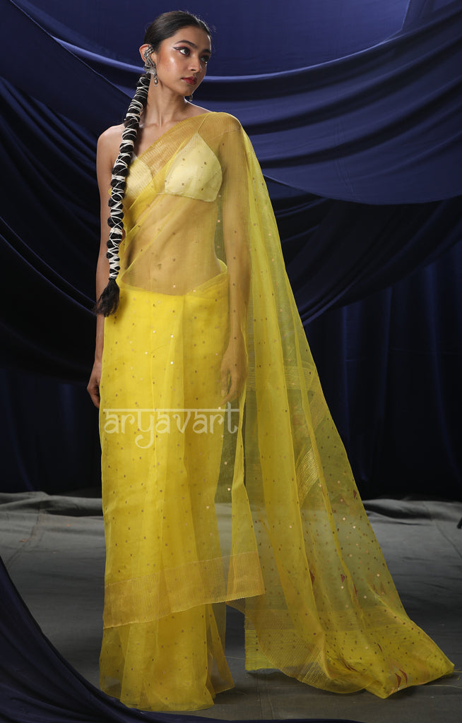 Stunning Yellow Silk Saree With Woven In Sequence & Jamdani Motifs