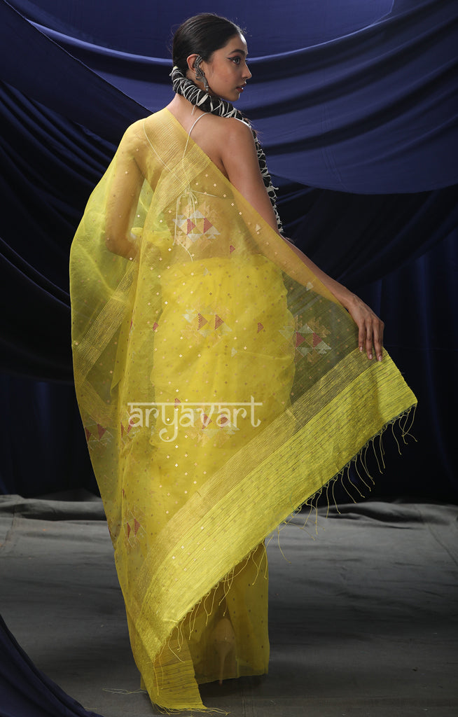 Stunning Yellow Silk Saree With Woven In Sequence & Jamdani Motifs