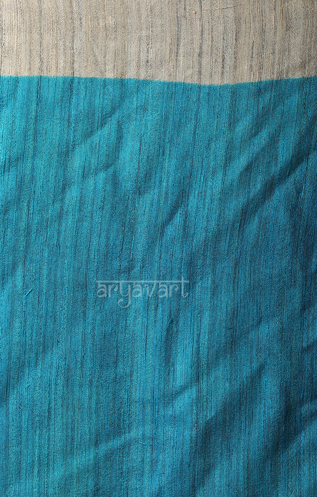 Turquoise Blue Ghicha Tussar Silk Block Print Saree