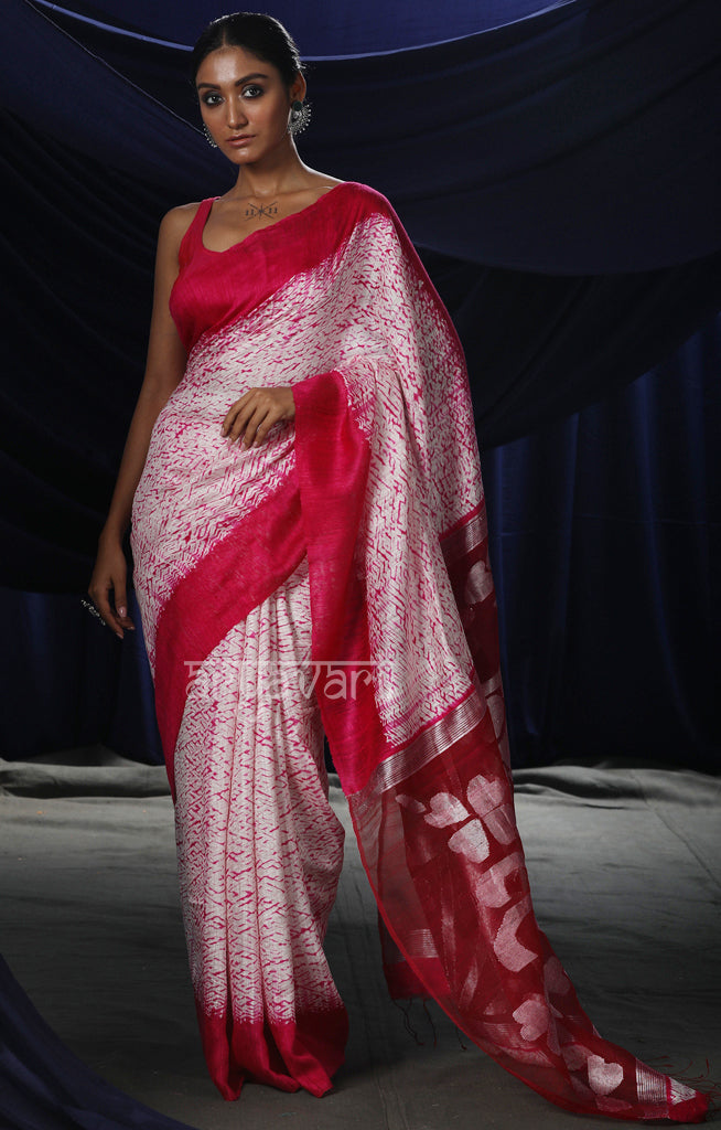 White & Fuchsia  Matka Silk Saree with Zari Jamdani Design on Pallu