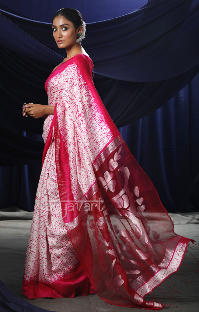White & Fuchsia  Matka Silk Saree with Zari Jamdani Design on Pallu