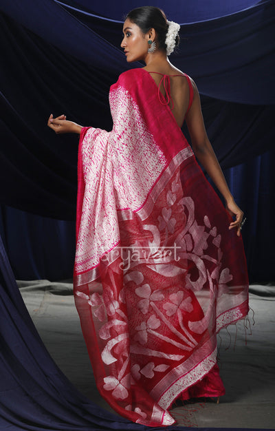 White & Fuchsia  Matka Silk Saree with Zari Jamdani Design on Pallu