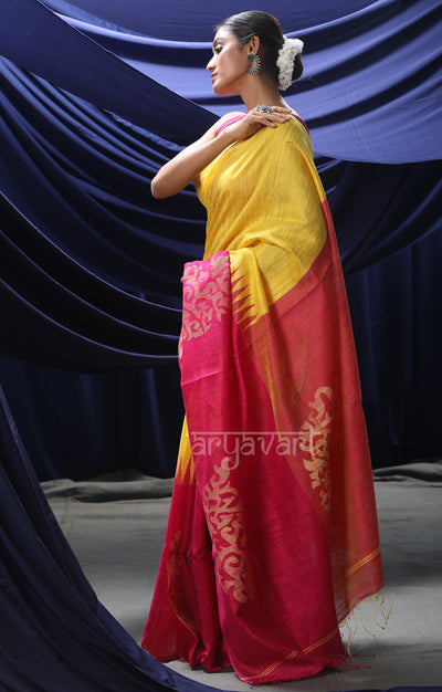 Sunshine Yellow & Fuchsia Matka Silk Saree With Jamdani Paisley Woven Design