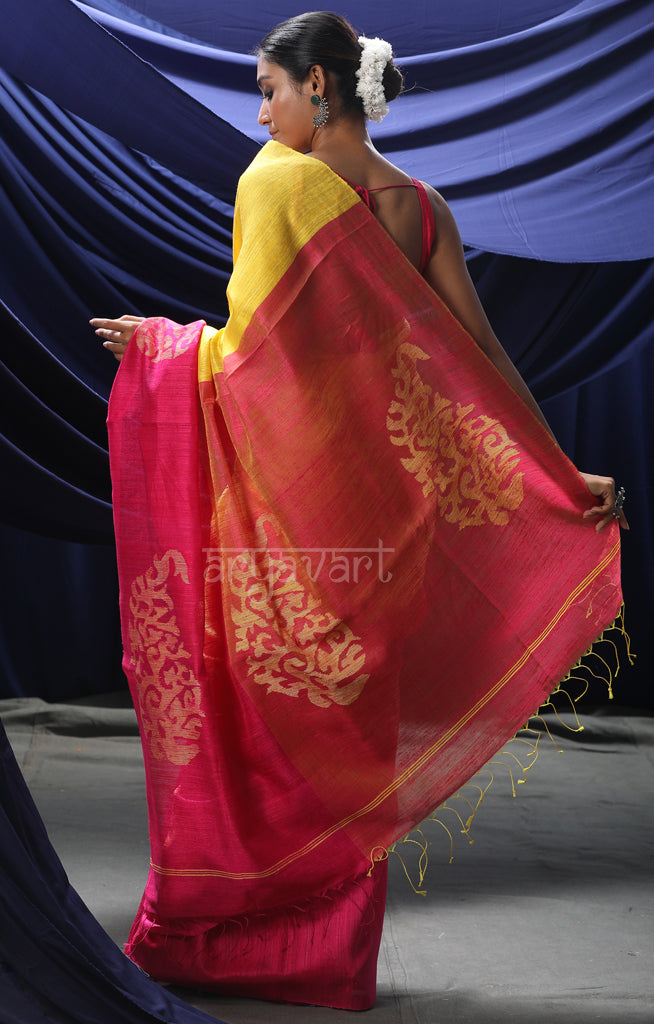 Sunshine Yellow & Fuchsia Matka Silk Saree With Jamdani Paisley Woven Design