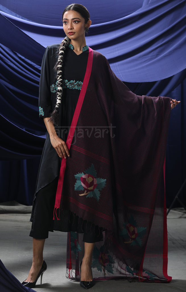 Black cotton Dupatta with Stunning Rose Jamdani design