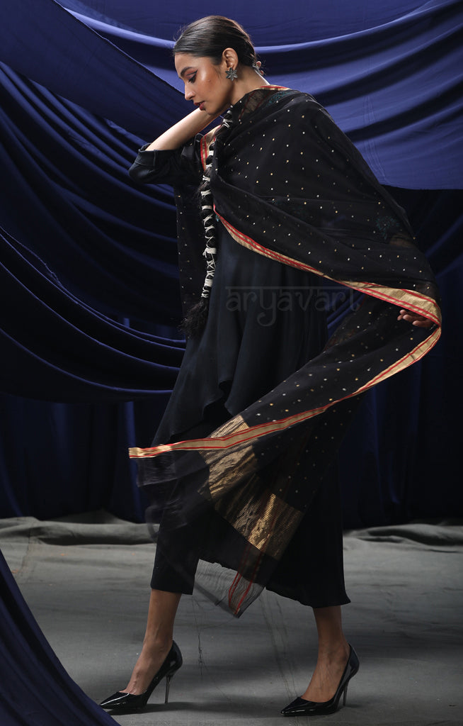 Black Chanderi Silk Cotton Dupatta with Woven Buttas and Contasting Red Border