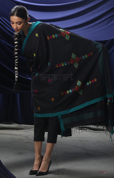 Black Cotton Dupatta with Geometric Jamdani design