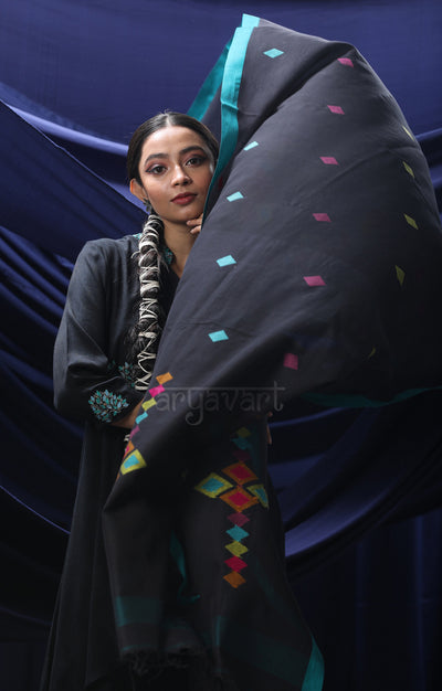 Black Cotton Dupatta with Geometric Jamdani design