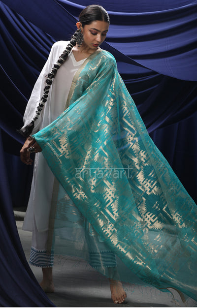 Turquoise Blue Silk Tissue Dupatta With Silver Zari Woven Design Motifs