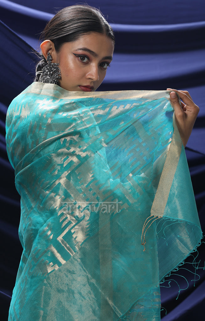 Turquoise Blue Silk Tissue Dupatta With Silver Zari Woven Design Motifs