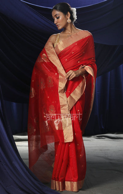 Stunning Red Chanderi Silk Saree With Zari Buttas & Border