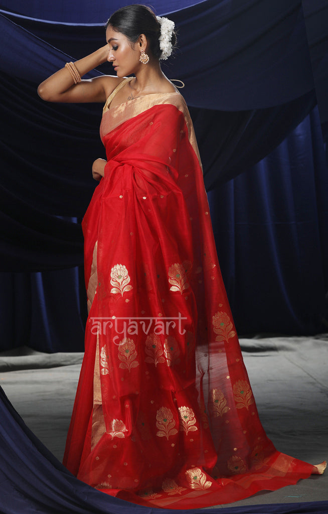 Stunning Red Chanderi Silk Saree With Zari Buttas & Border