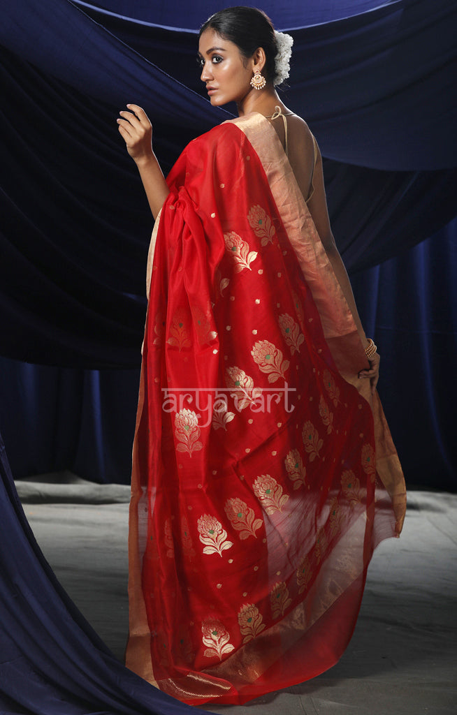 Stunning Red Chanderi Silk Saree With Zari Buttas & Border