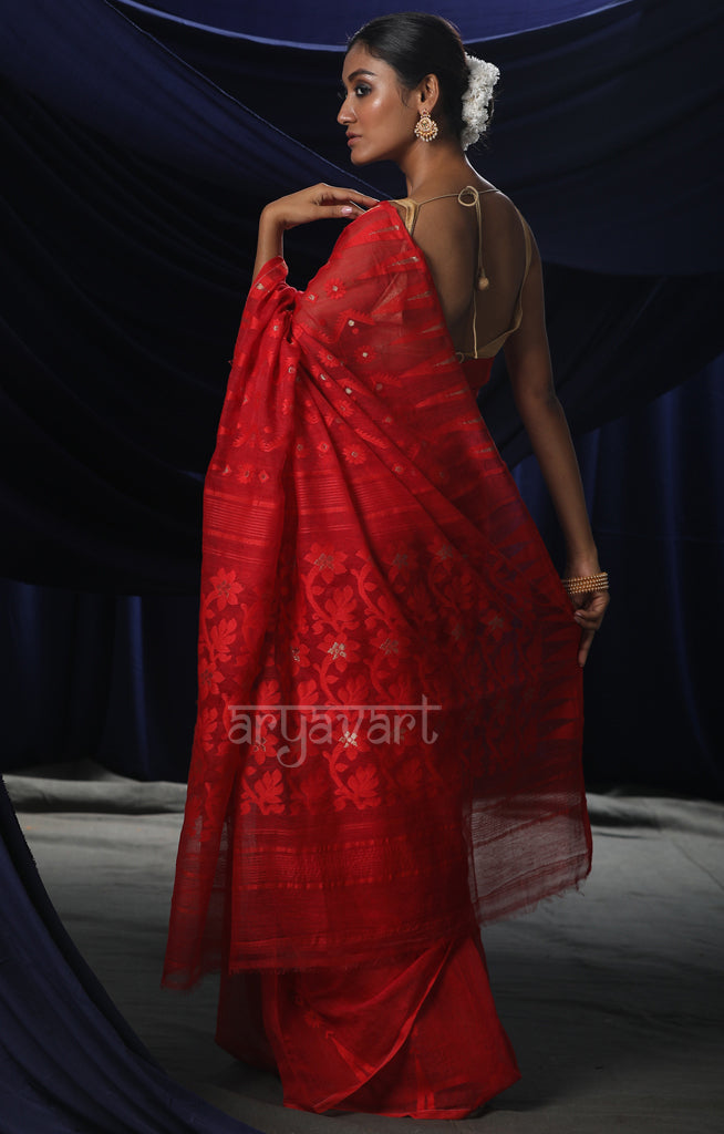 Stunning Scarlet Red Jamdani Saree with Woven Thread Buttas