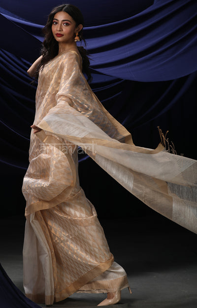 Pearl White Matka Silk Saree with Geometric Zari Woven Design
