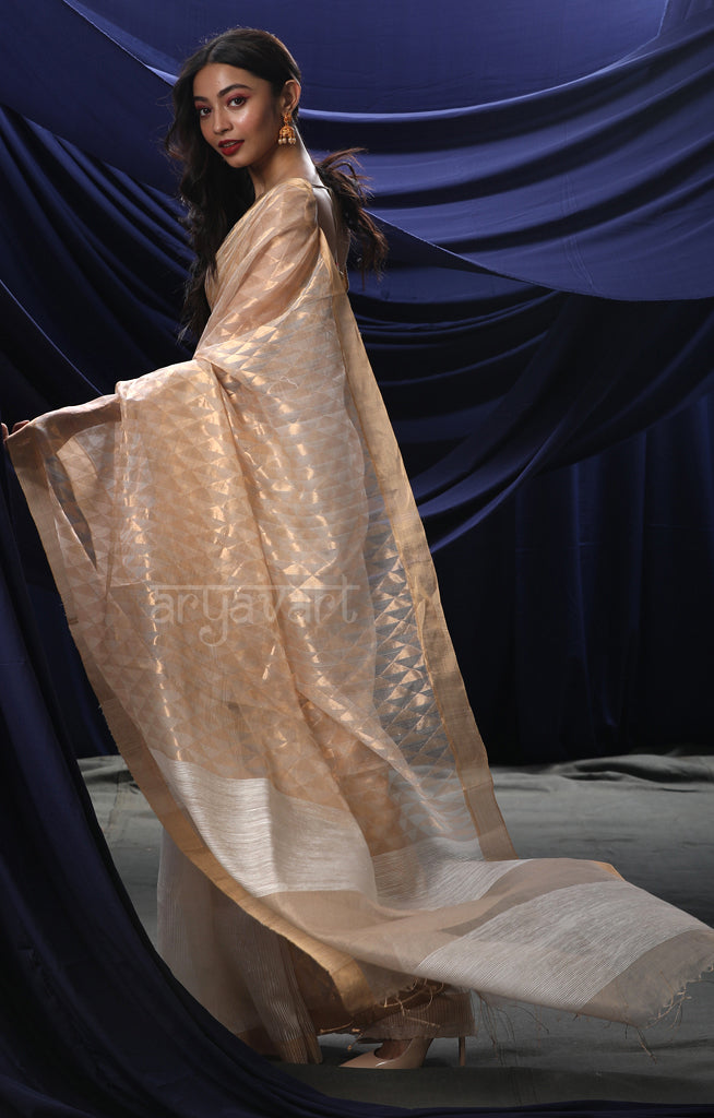 Pearl White Matka Silk Saree with Geometric Zari Woven Design