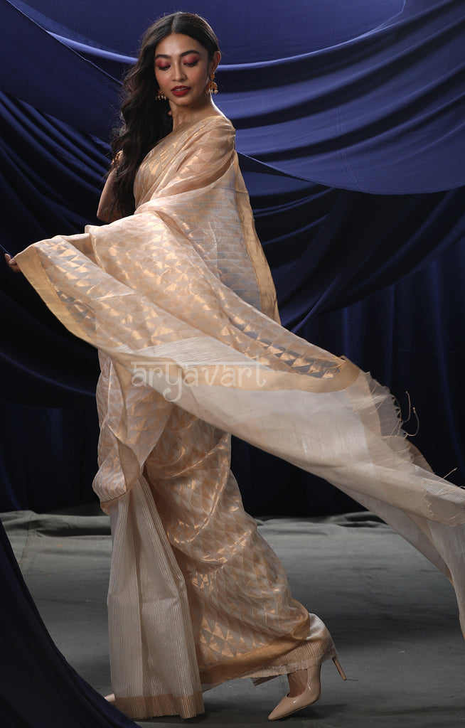 Pearl White Matka Silk Saree with Geometric Zari Woven Design