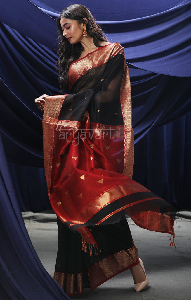Black Maheshwari Saree With Woven Geometric Buttas & a Strking Red Border