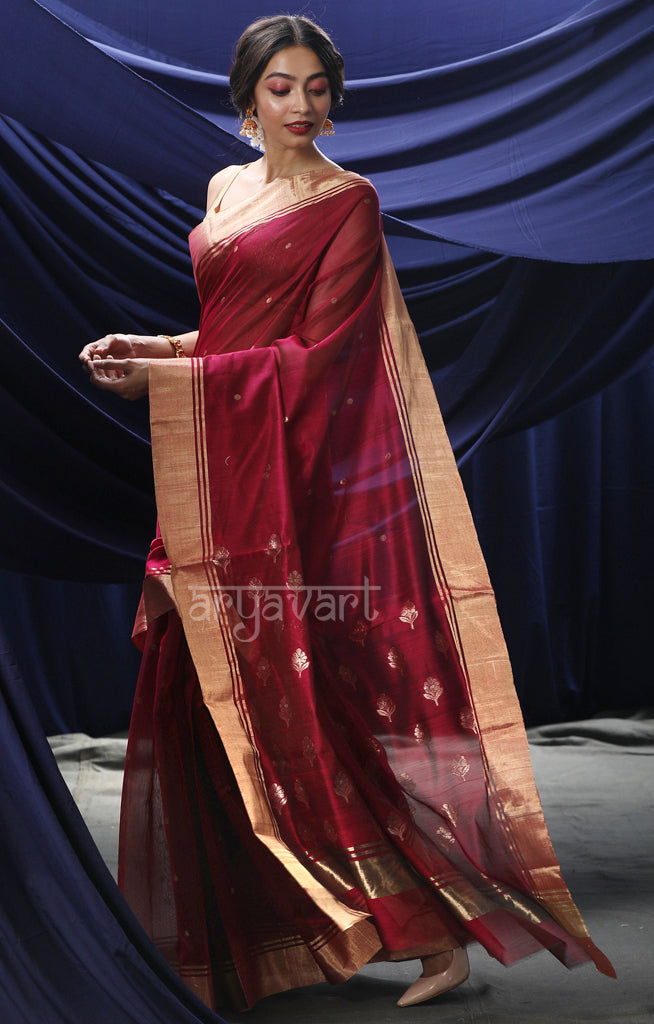 Wine Red Chanderi Silk Saree With Zari Buttas & Border