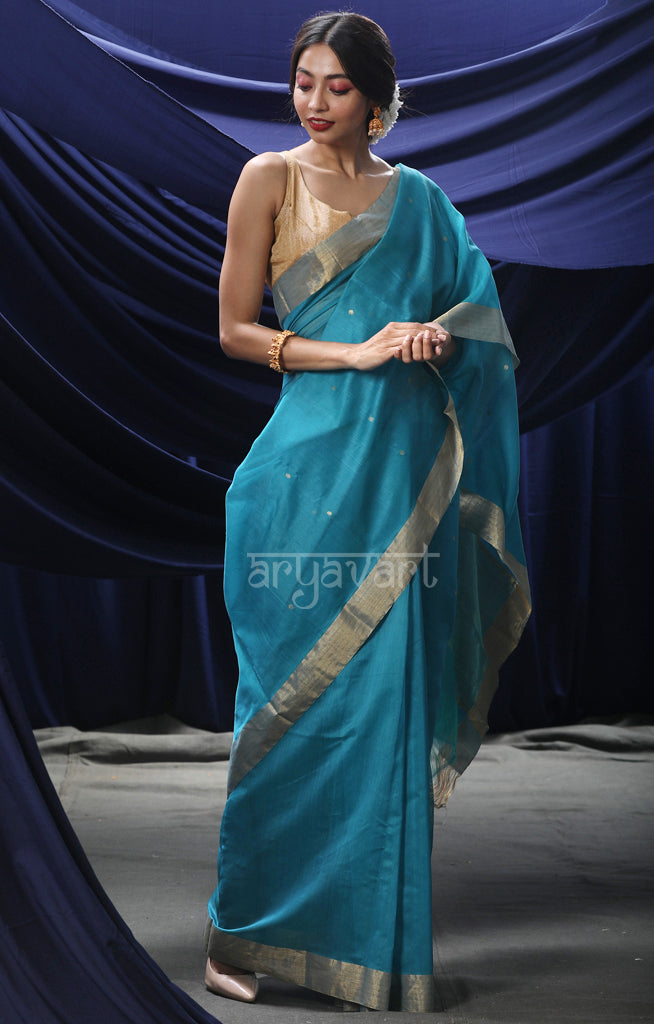 Teal Chanderi Silk Saree With Zari Buttas & Border
