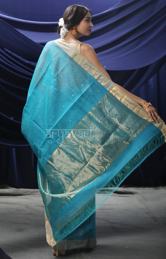 Teal Chanderi Silk Saree With Zari Buttas & Border