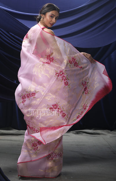 Pink handpainted Organza saree