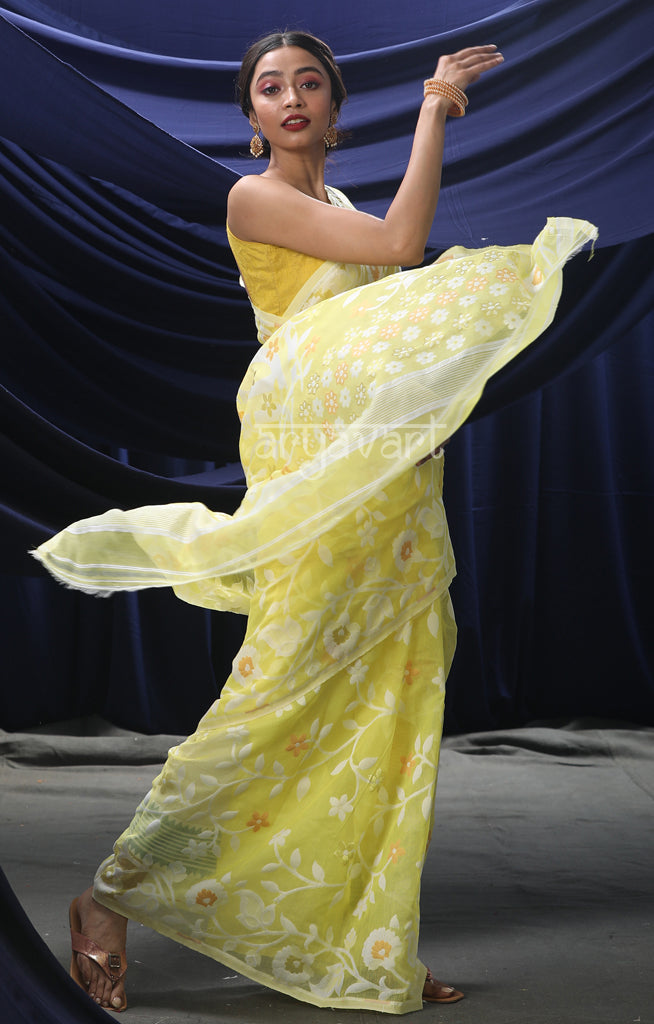 Lime Yellow Jamdani Saree with Striking Flower Vine Woven Design