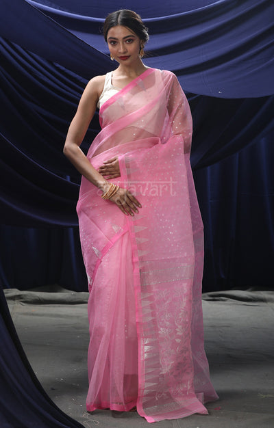 Baby Pink Jamdani Saree with Siver Zari Woven Design
