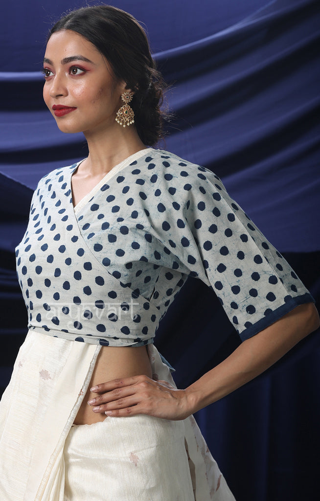 White Blouse With Indigo Blue Polka Dots