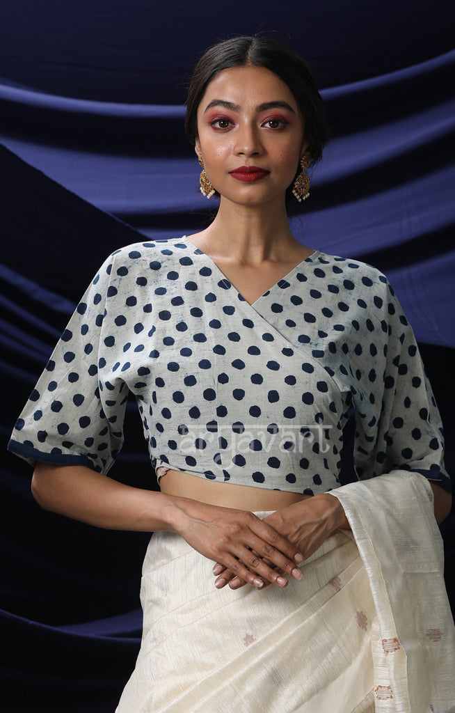 White Blouse With Indigo Blue Polka Dots