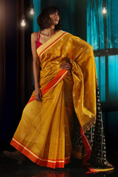 Yellow Blended Cotton Saree With Black Pallu