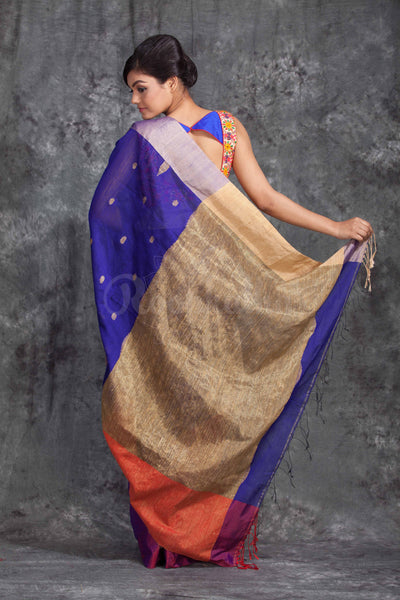 Indigo Blue Cotton Handloom Saree With Dual Tone Border