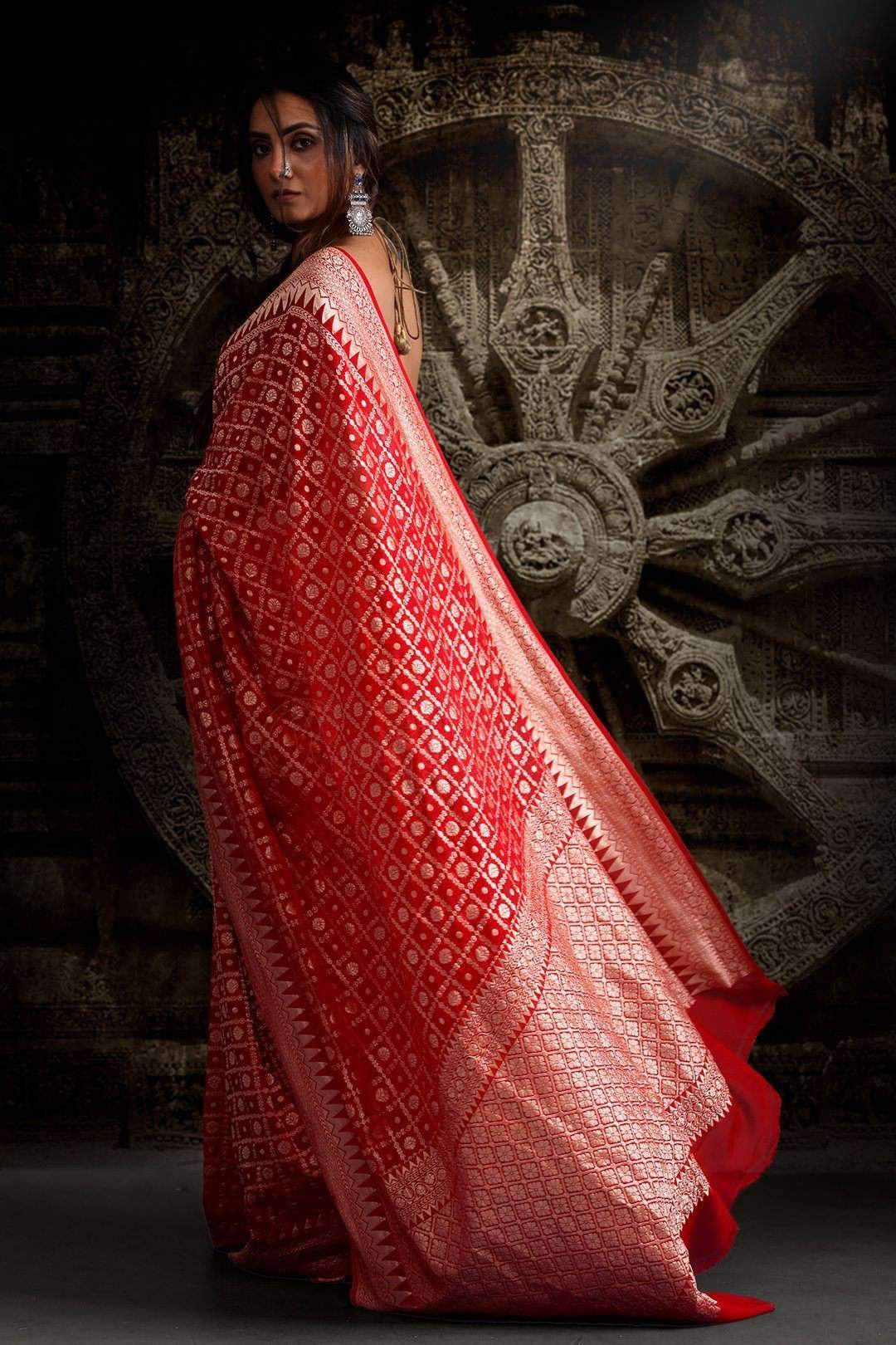 Vermilion Red Saree with Zari Geometric Woven Design