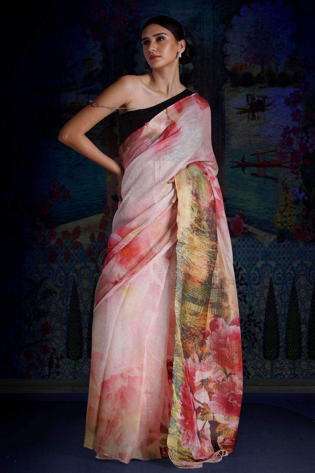 Blush Pink Digital Printed Linen Saree With Zari Border & Pallu Earthen Collection Roopkatha - A Story of Art 